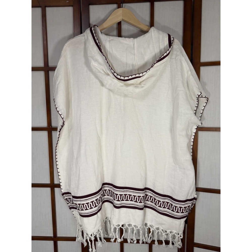 Tory Burch Woven Cotton Hooded Poncho Cover Up Ivory Burgundy Fringe Indie Beach - Picture 2 of 10